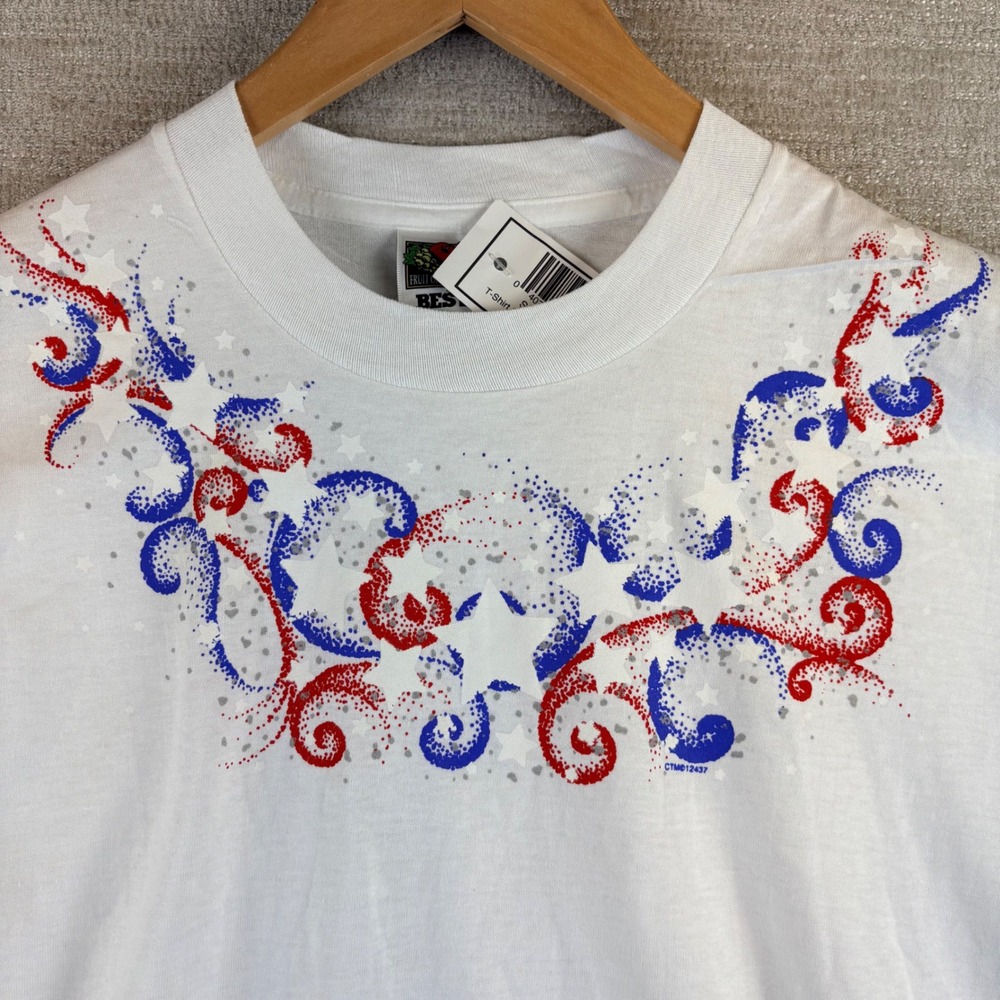 NEW Vintage 90s White Patriotic Stars Swirls 4th July Americana NWT T-Shirt XL